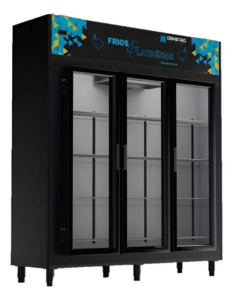 Geladeira Expositora Vertical Ormifrio ASI 3P 1200 Litros 3 Portas para Bebidas e Laticínios com Tecnologia Low-E Preta